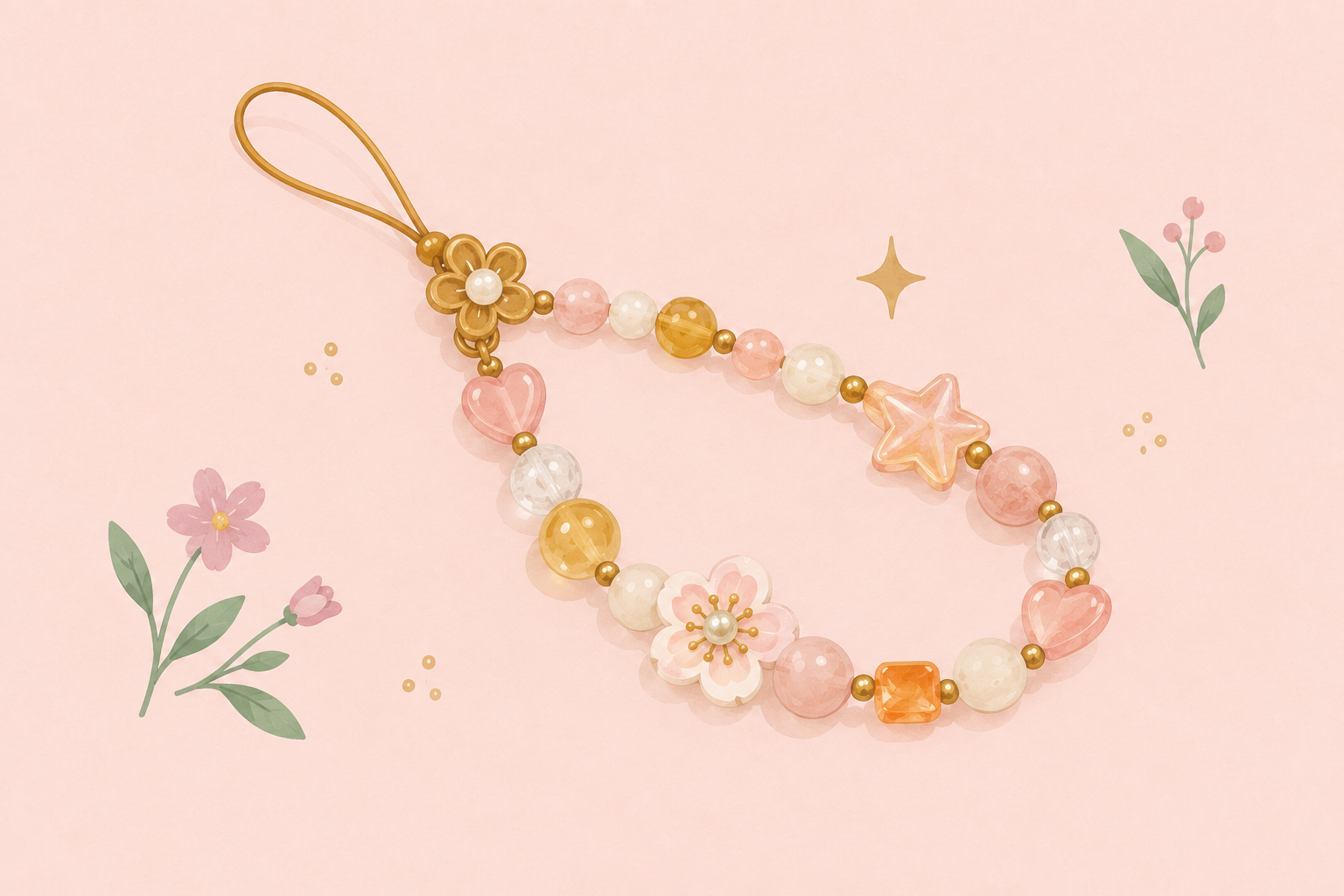 Paper-style illustration of a peach and gold beaded wrist strap with flower, heart and star details