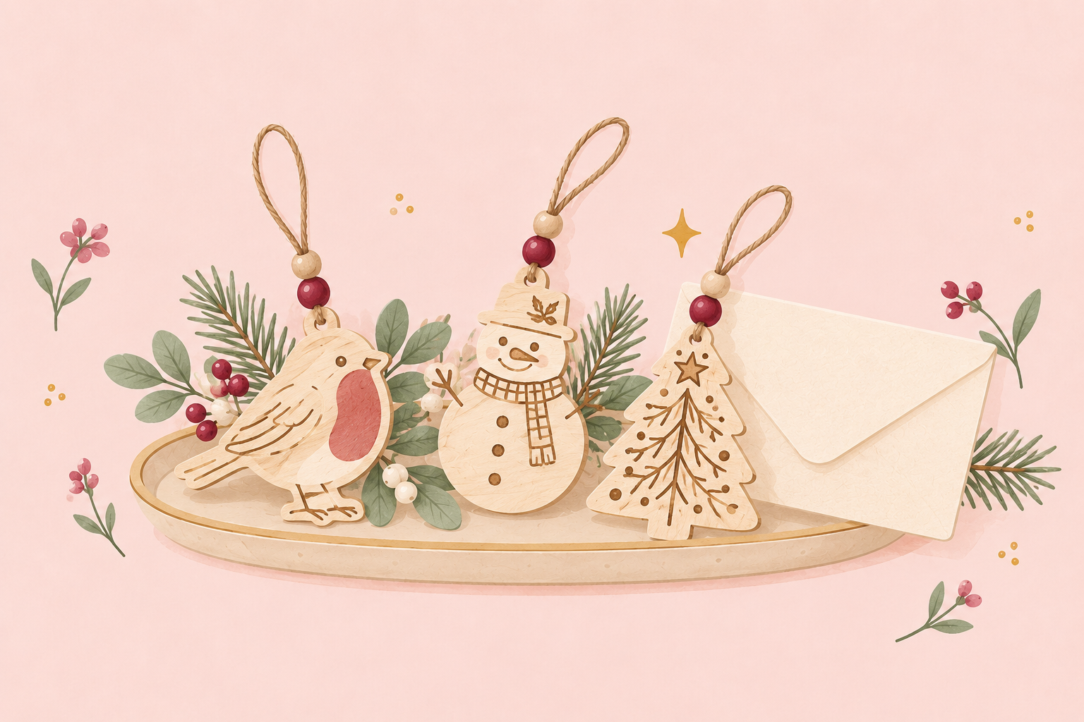 Paper-style illustration of wooden robin, snowman and Christmas tree hanging cards with winter greenery