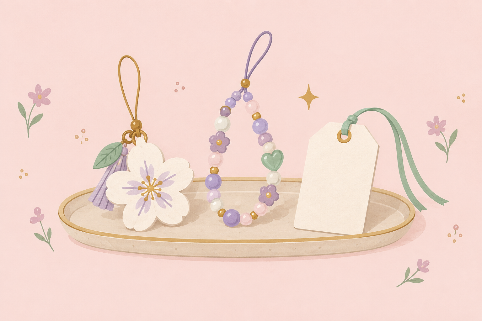 Minimal illustration of personalised keepsakes arranged on a tray
