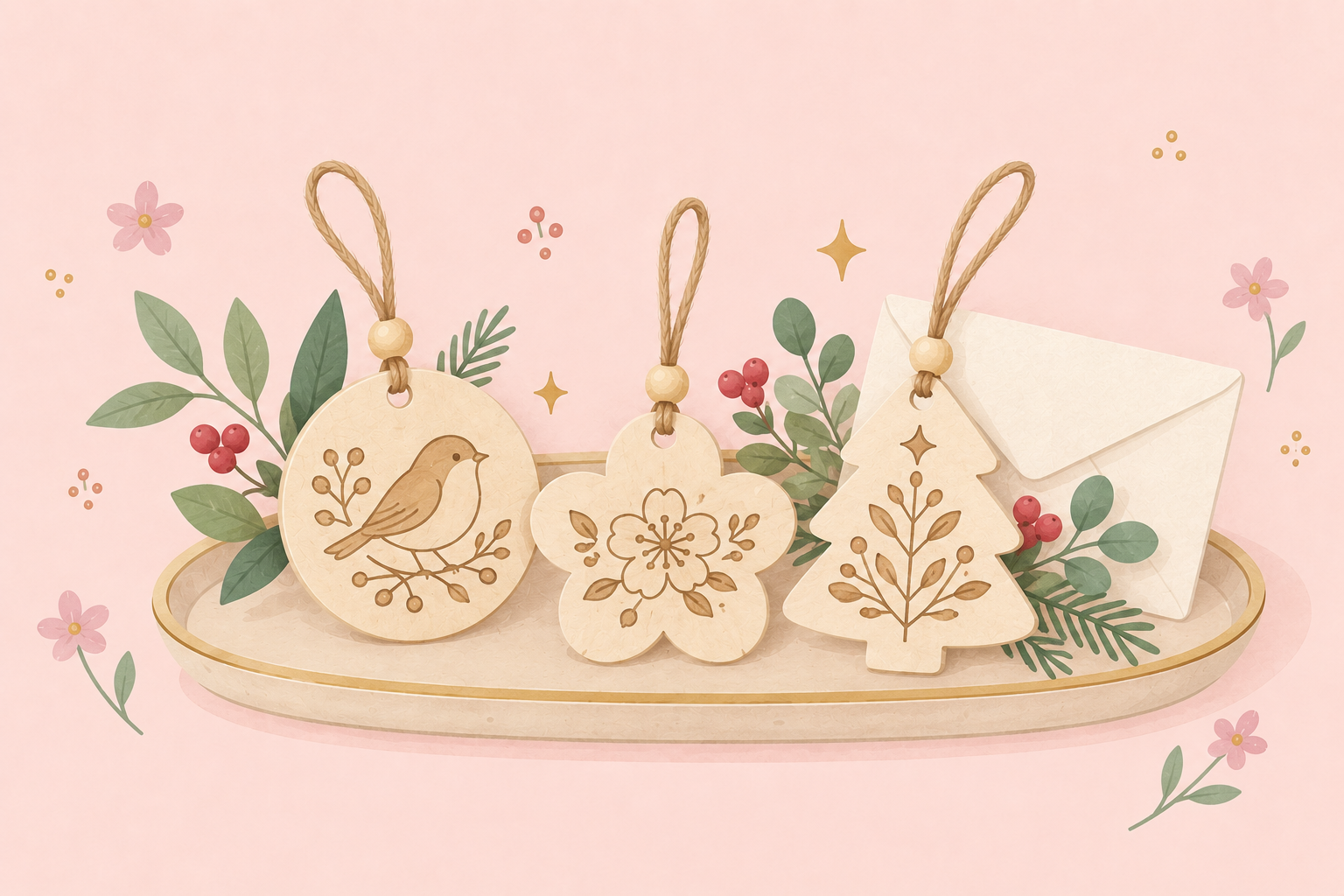 Paper-style illustration of engraved wooden keepsakes with a robin, flower and Christmas tree on a blush background