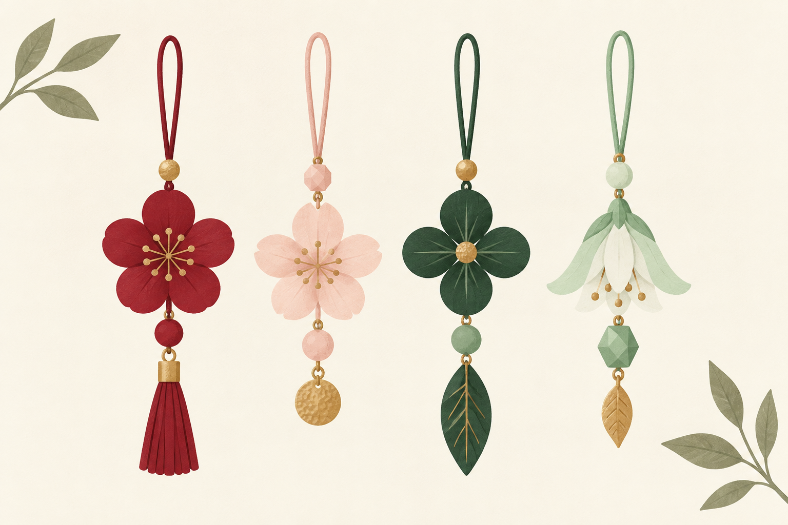 Minimal illustration of four floral car charms in coordinated colours