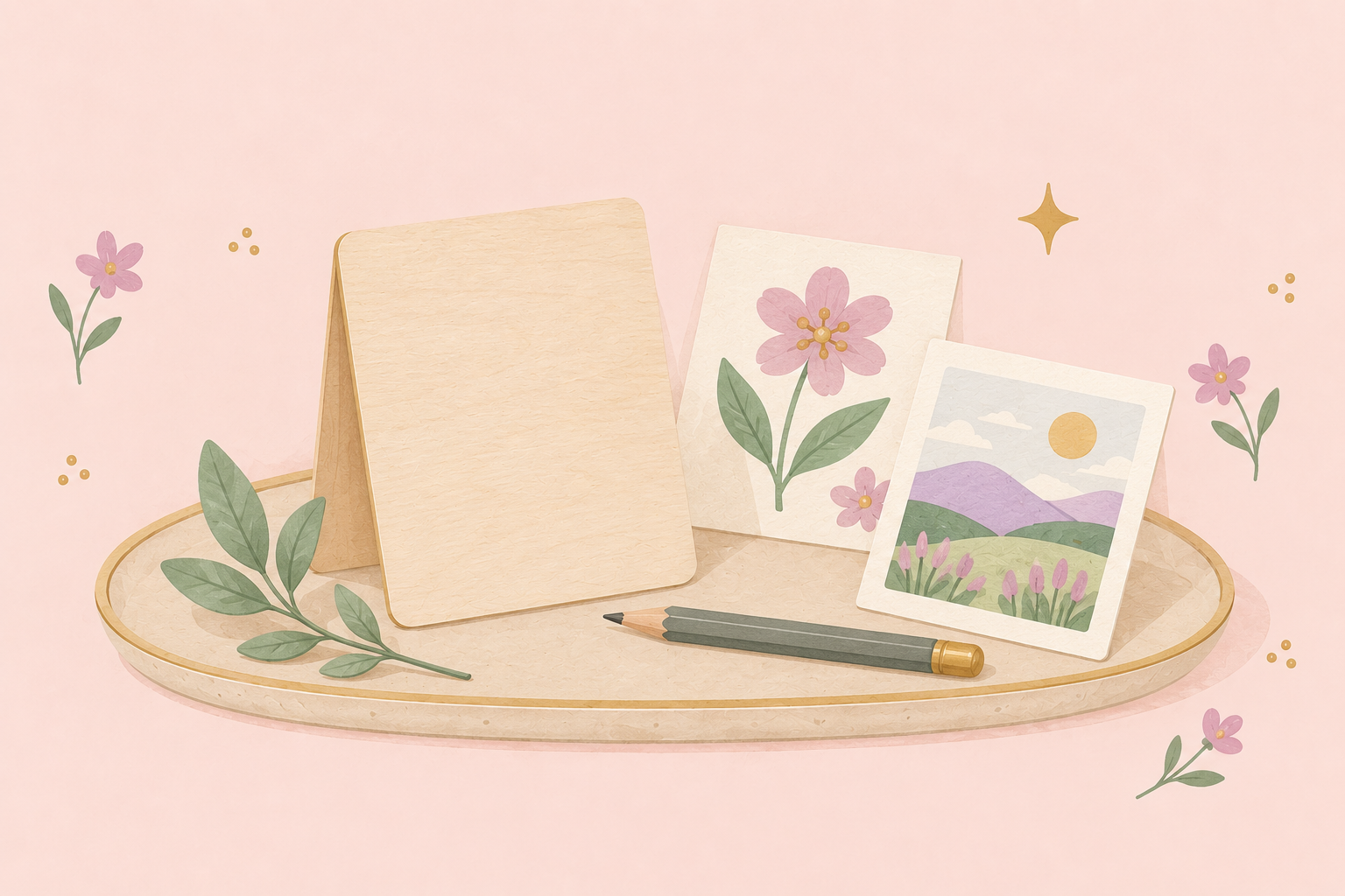 Paper-style illustration of a blank wooden greeting card, image cards and pencil on a soft cream craft table