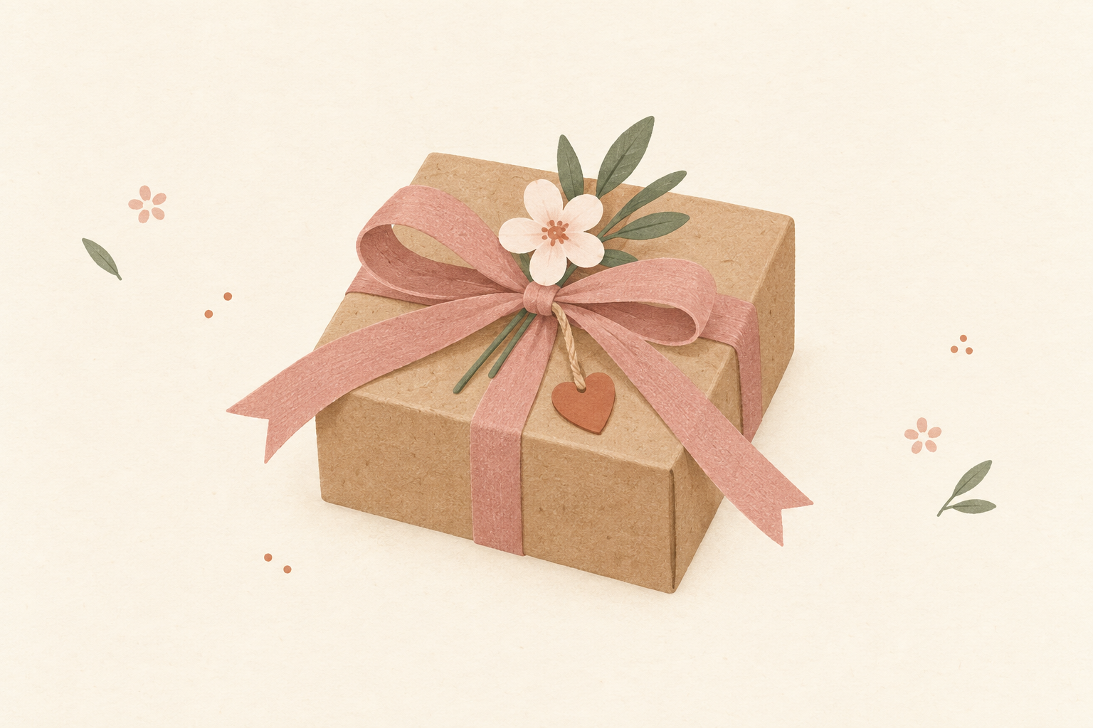 Minimal illustration of a handmade gift box with ribbon and flower